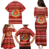 Tajikistan Christmas Family Matching Puletasi and Hawaiian Shirt with Santa Riding Snow Leopard National Emblem and Red Holiday Pattern - Wonder Print Shop