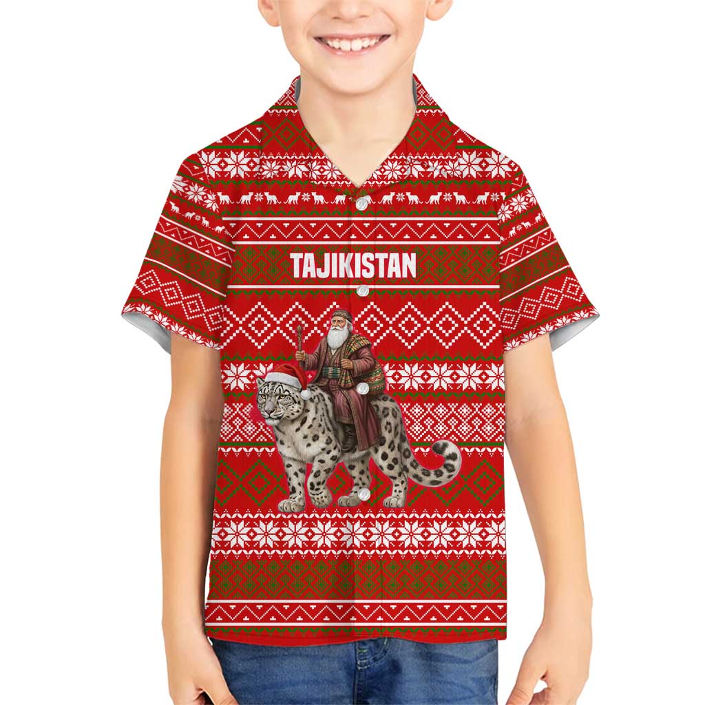 Tajikistan Christmas Family Matching Puletasi and Hawaiian Shirt with Santa Riding Snow Leopard National Emblem and Red Holiday Pattern - Wonder Print Shop