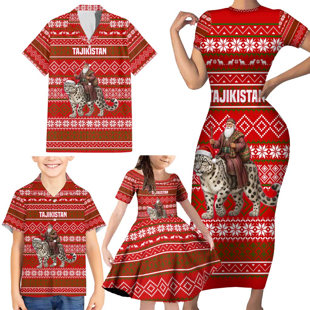 Tajikistan Christmas Family Matching Short Sleeve Bodycon Dress and Hawaiian Shirt with Santa Riding Snow Leopard National Emblem and Red Holiday Pattern - Wonder Print Shop