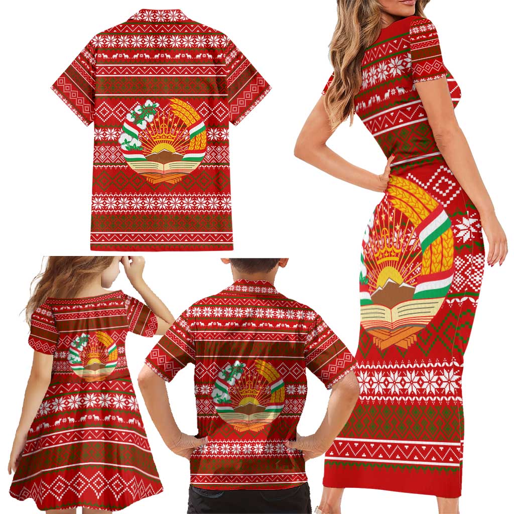 Tajikistan Christmas Family Matching Short Sleeve Bodycon Dress and Hawaiian Shirt with Santa Riding Snow Leopard National Emblem and Red Holiday Pattern - Wonder Print Shop