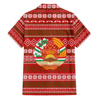 Tajikistan Christmas Family Matching Short Sleeve Bodycon Dress and Hawaiian Shirt with Santa Riding Snow Leopard National Emblem and Red Holiday Pattern - Wonder Print Shop