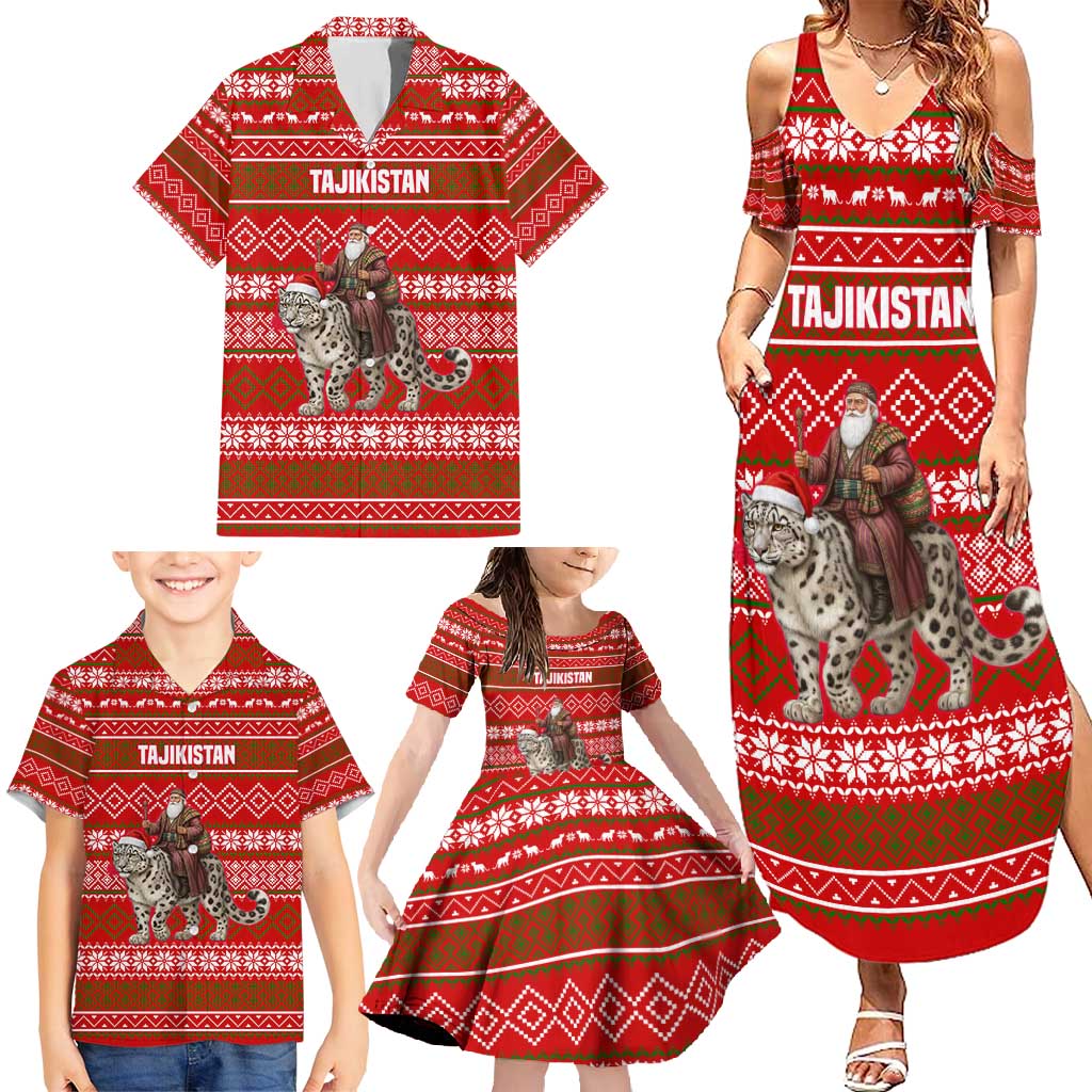Tajikistan Christmas Family Matching Summer Maxi Dress and Hawaiian Shirt with Santa Riding Snow Leopard National Emblem and Red Holiday Pattern - Wonder Print Shop