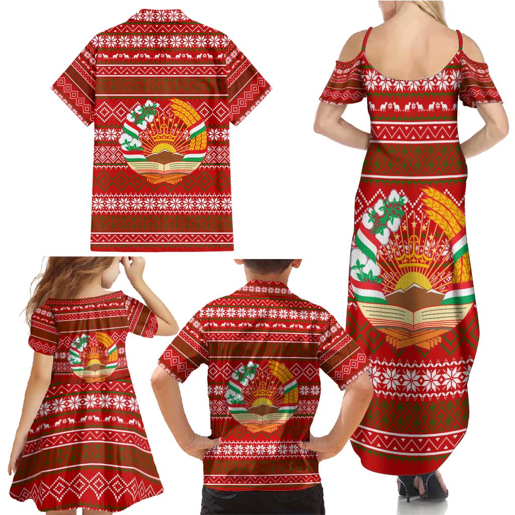 Tajikistan Christmas Family Matching Summer Maxi Dress and Hawaiian Shirt with Santa Riding Snow Leopard National Emblem and Red Holiday Pattern - Wonder Print Shop