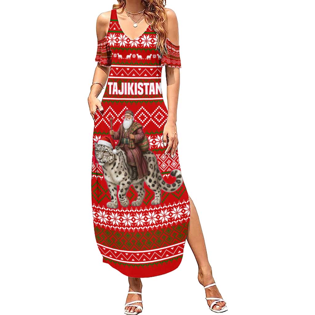 Tajikistan Christmas Family Matching Summer Maxi Dress and Hawaiian Shirt with Santa Riding Snow Leopard National Emblem and Red Holiday Pattern - Wonder Print Shop