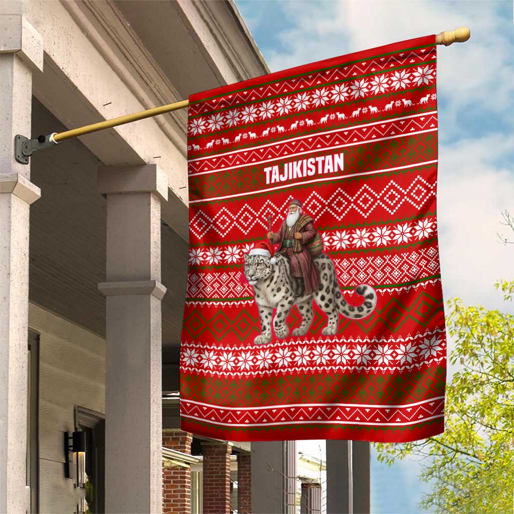Tajikistan Christmas Garden Flag with Santa Riding Snow Leopard National Emblem and Red Holiday Pattern - Wonder Print Shop
