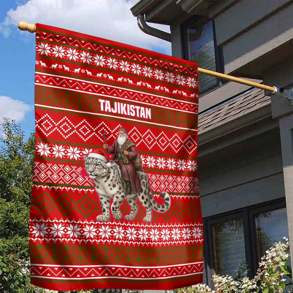 Tajikistan Christmas Garden Flag with Santa Riding Snow Leopard National Emblem and Red Holiday Pattern - Wonder Print Shop