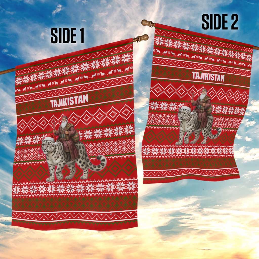 Tajikistan Christmas Garden Flag with Santa Riding Snow Leopard National Emblem and Red Holiday Pattern - Wonder Print Shop