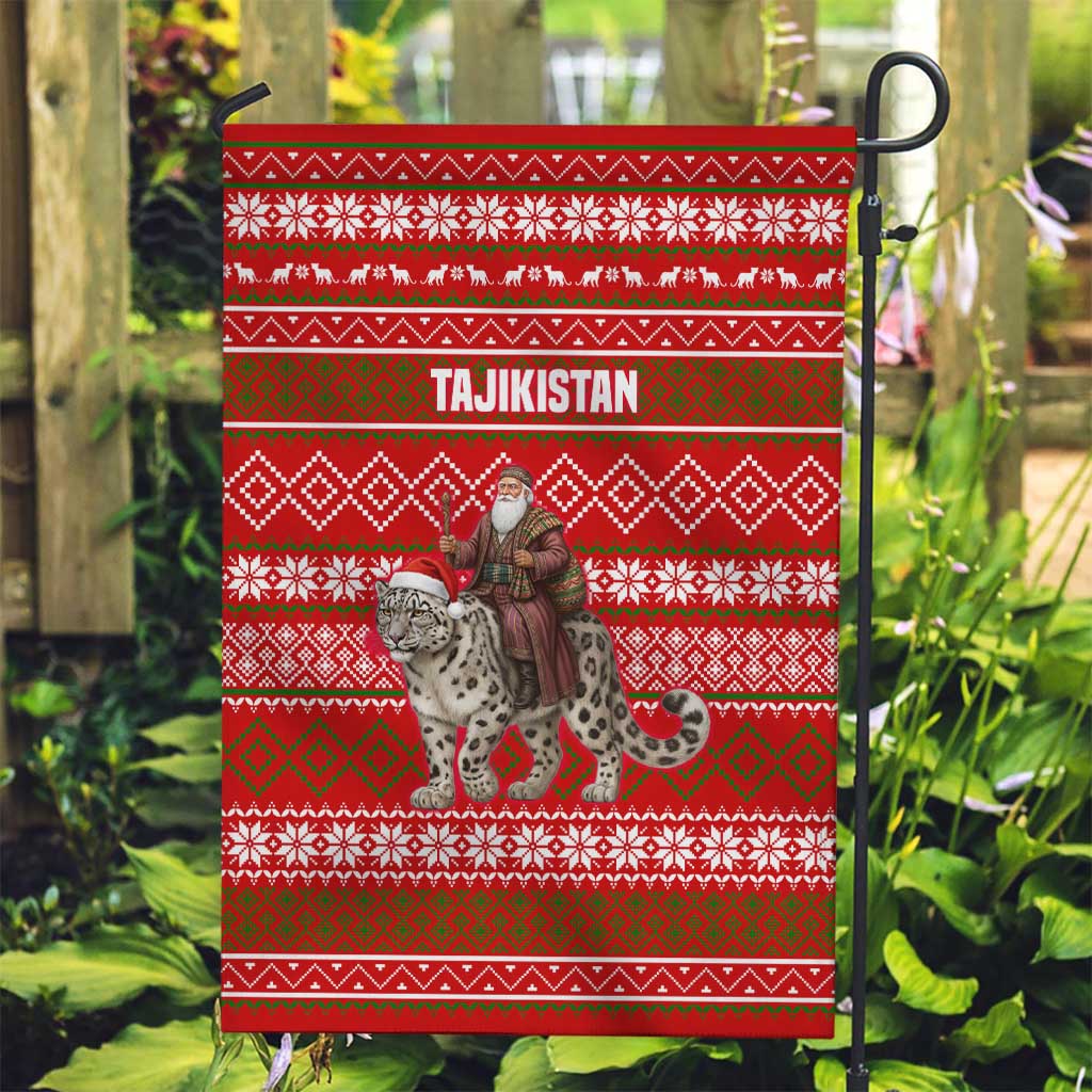 Tajikistan Christmas Garden Flag with Santa Riding Snow Leopard National Emblem and Red Holiday Pattern - Wonder Print Shop