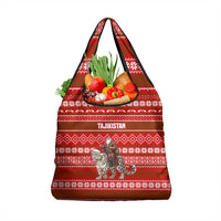 Tajikistan Christmas Grocery Bag with Santa Riding Snow Leopard National Emblem and Red Holiday Pattern - Wonder Print Shop