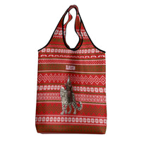 Tajikistan Christmas Grocery Bag with Santa Riding Snow Leopard National Emblem and Red Holiday Pattern - Wonder Print Shop