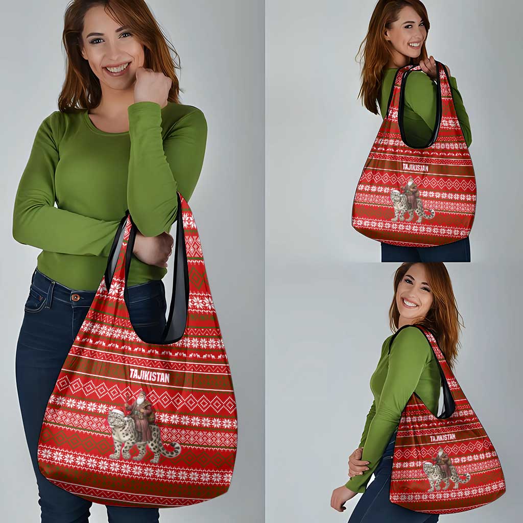 Tajikistan Christmas Grocery Bag with Santa Riding Snow Leopard National Emblem and Red Holiday Pattern - Wonder Print Shop