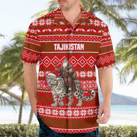 Tajikistan Christmas Hawaiian Shirt with Santa Riding Snow Leopard National Emblem and Red Holiday Pattern - Wonder Print Shop