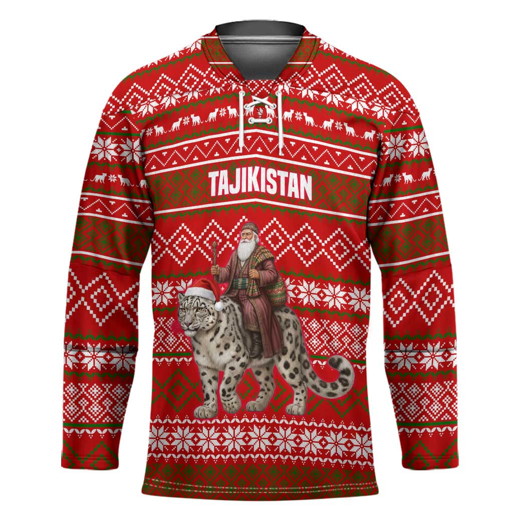 Tajikistan Christmas Hockey Jersey with Santa Riding Snow Leopard National Emblem and Red Holiday Pattern - Wonder Print Shop