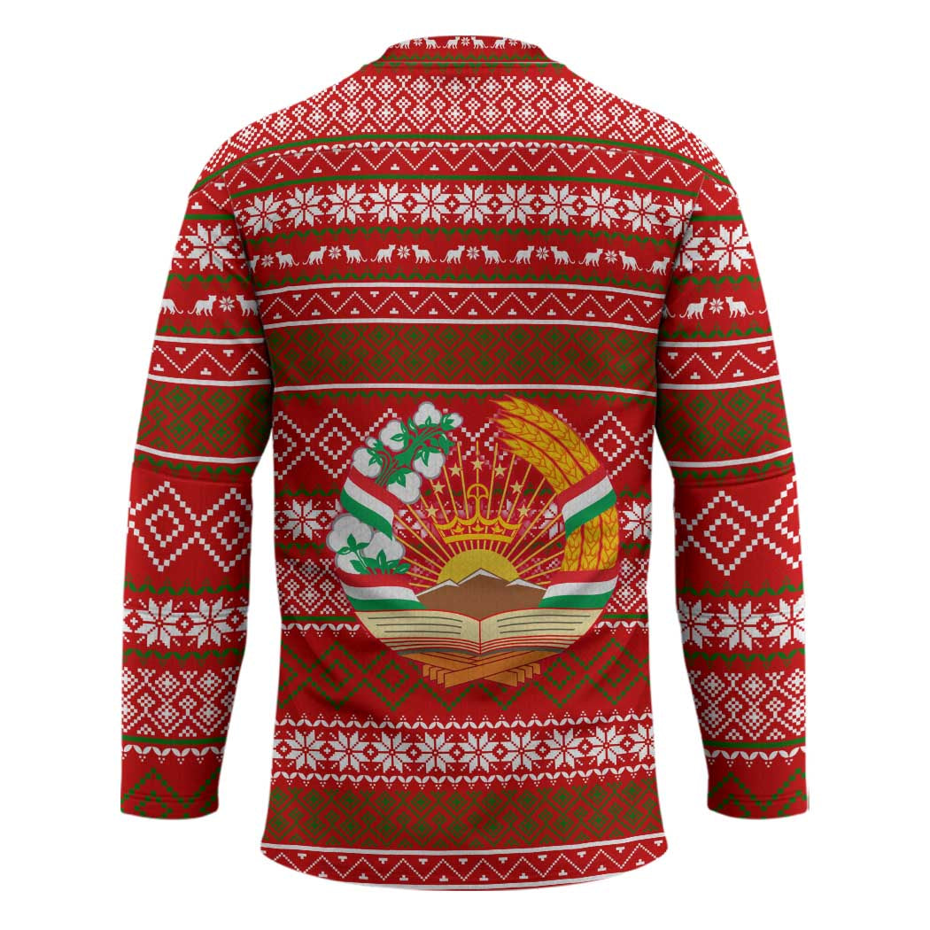 Tajikistan Christmas Hockey Jersey with Santa Riding Snow Leopard National Emblem and Red Holiday Pattern - Wonder Print Shop