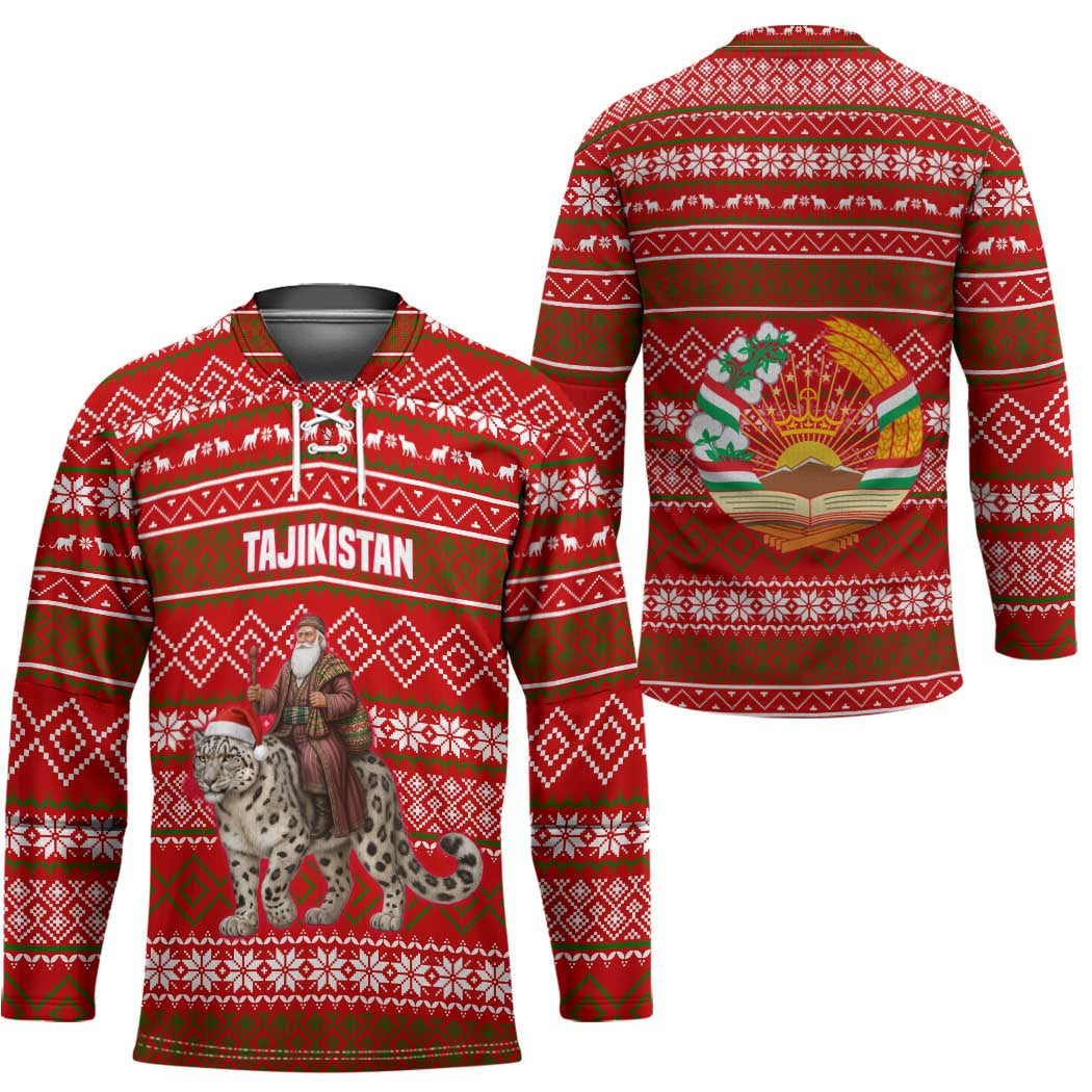Tajikistan Christmas Hockey Jersey with Santa Riding Snow Leopard National Emblem and Red Holiday Pattern - Wonder Print Shop