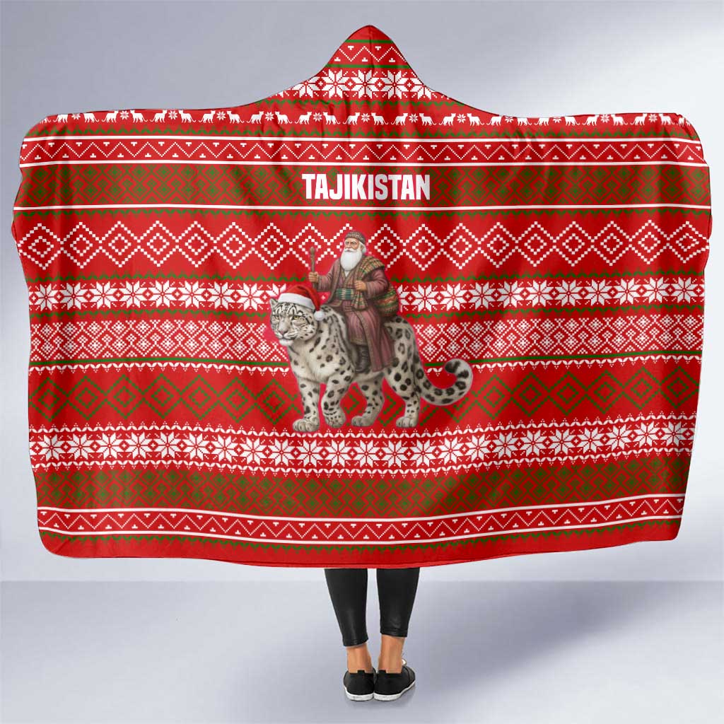 Tajikistan Christmas Hooded Blanket with Santa Riding Snow Leopard National Emblem and Red Holiday Pattern - Wonder Print Shop