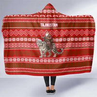 Tajikistan Christmas Hooded Blanket with Santa Riding Snow Leopard National Emblem and Red Holiday Pattern - Wonder Print Shop