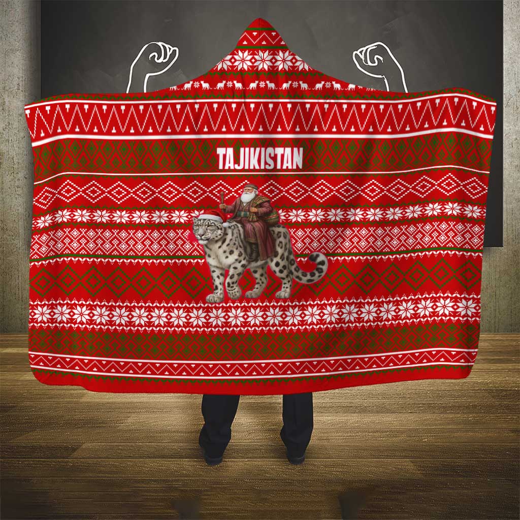 Tajikistan Christmas Hooded Blanket with Santa Riding Snow Leopard National Emblem and Red Holiday Pattern - Wonder Print Shop