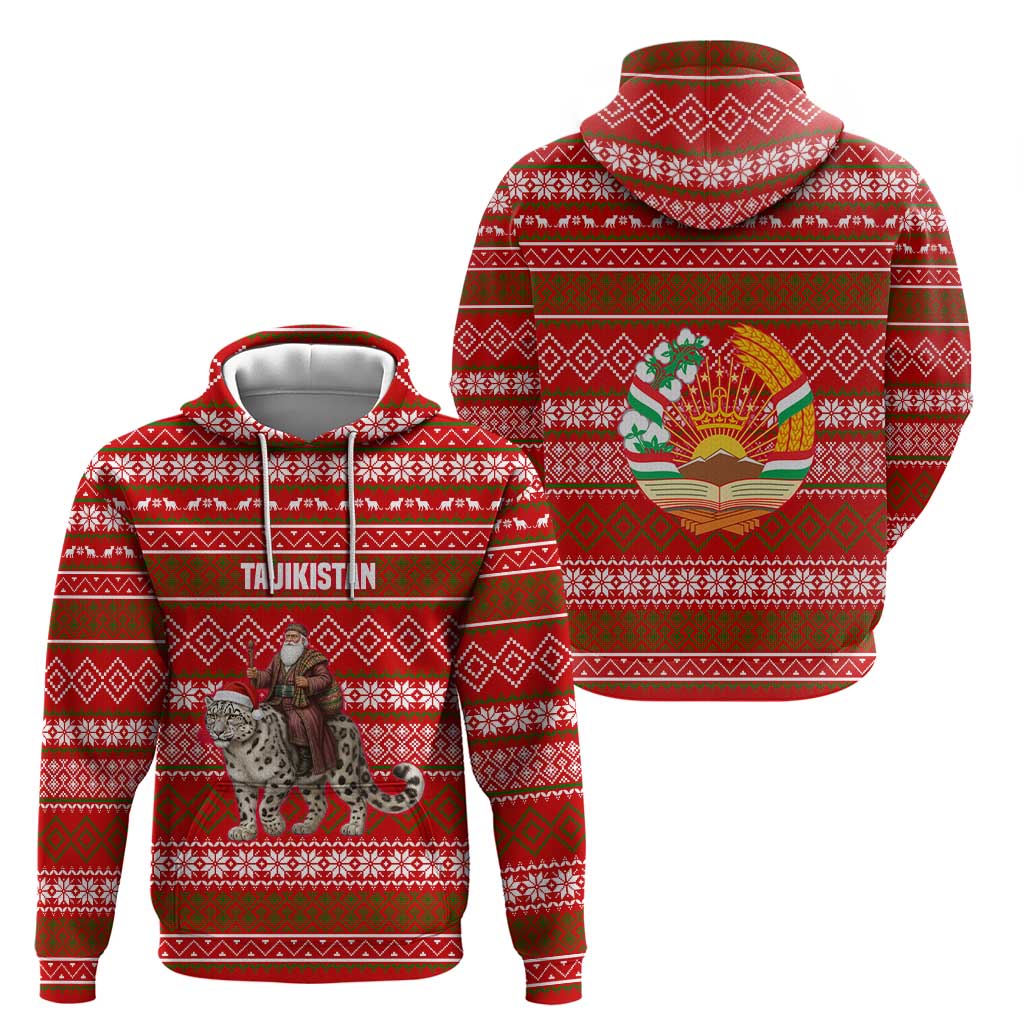 Tajikistan Christmas Hoodie with Santa Riding Snow Leopard National Emblem and Red Holiday Pattern - Wonder Print Shop