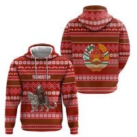 Tajikistan Christmas Hoodie with Santa Riding Snow Leopard National Emblem and Red Holiday Pattern - Wonder Print Shop