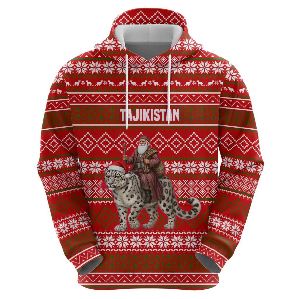 Tajikistan Christmas Hoodie with Santa Riding Snow Leopard National Emblem and Red Holiday Pattern - Wonder Print Shop