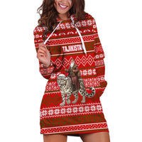 Tajikistan Christmas Hoodie Dress with Santa Riding Snow Leopard National Emblem and Red Holiday Pattern - Wonder Print Shop