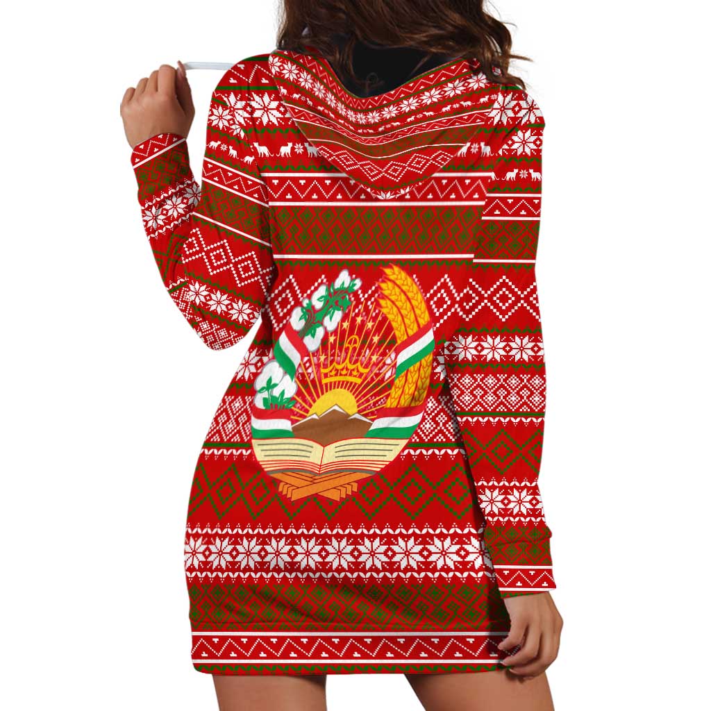 Tajikistan Christmas Hoodie Dress with Santa Riding Snow Leopard National Emblem and Red Holiday Pattern - Wonder Print Shop