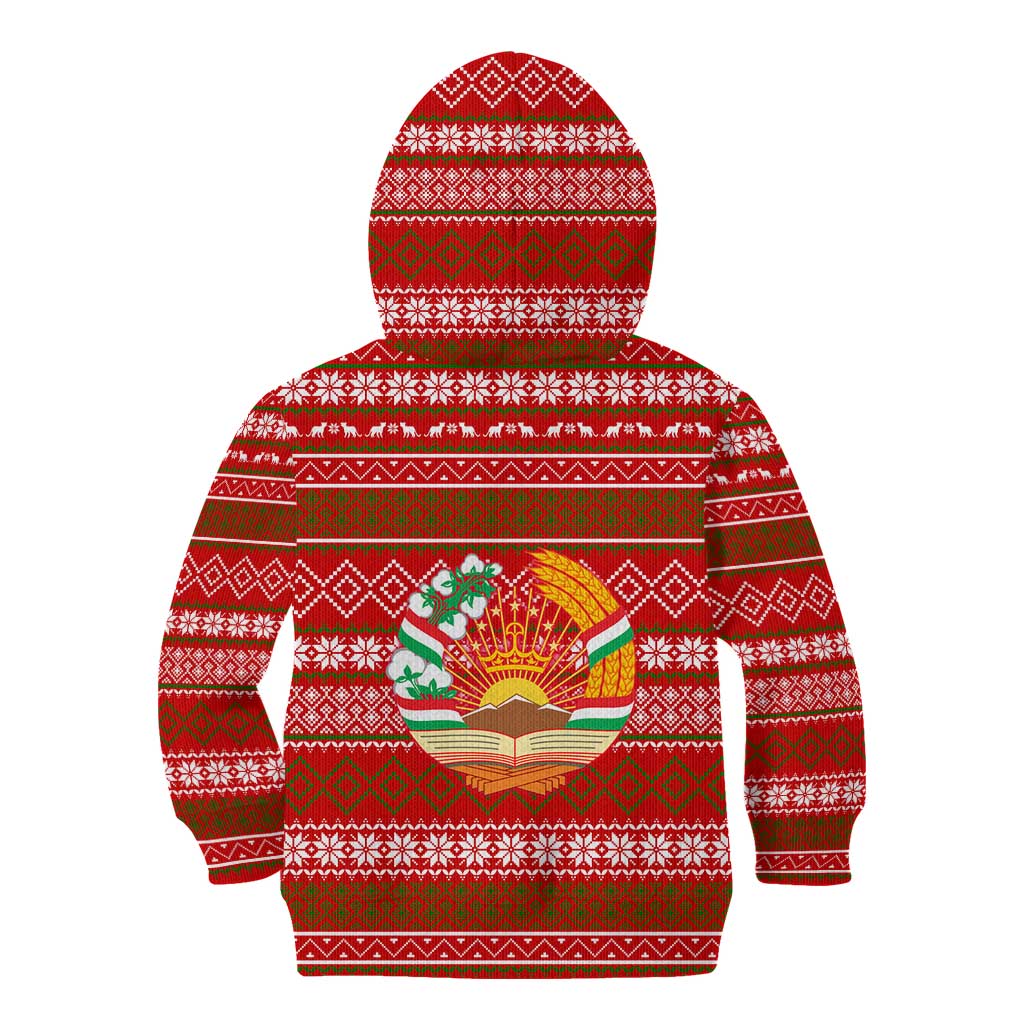 Tajikistan Christmas Kid Hoodie with Santa Riding Snow Leopard National Emblem and Red Holiday Pattern - Wonder Print Shop