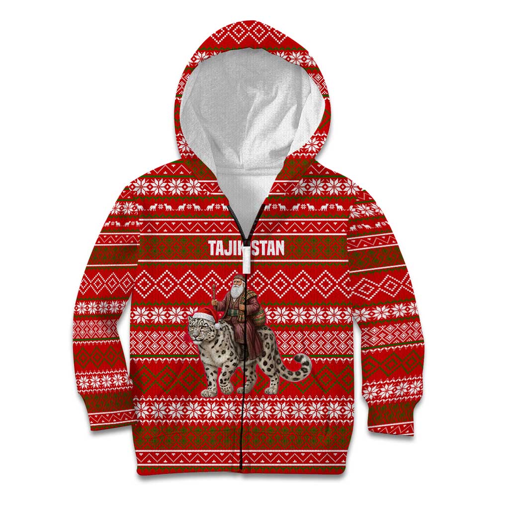 Tajikistan Christmas Kid Hoodie with Santa Riding Snow Leopard National Emblem and Red Holiday Pattern - Wonder Print Shop
