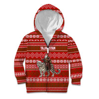 Tajikistan Christmas Kid Hoodie with Santa Riding Snow Leopard National Emblem and Red Holiday Pattern - Wonder Print Shop
