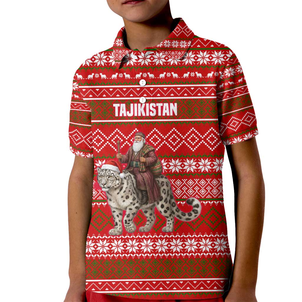 Tajikistan Christmas Kid Polo Shirt with Santa Riding Snow Leopard National Emblem and Red Holiday Pattern - Wonder Print Shop