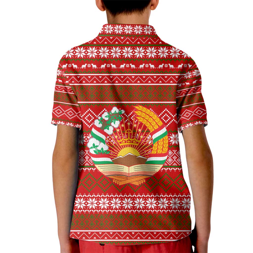 Tajikistan Christmas Kid Polo Shirt with Santa Riding Snow Leopard National Emblem and Red Holiday Pattern - Wonder Print Shop