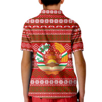 Tajikistan Christmas Kid Polo Shirt with Santa Riding Snow Leopard National Emblem and Red Holiday Pattern - Wonder Print Shop