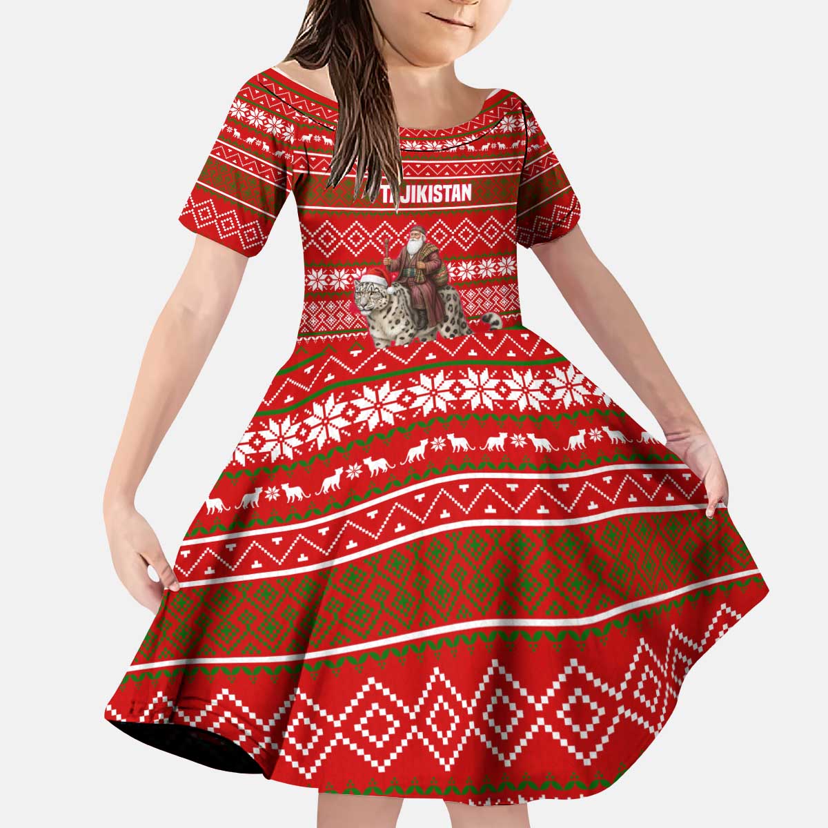 Tajikistan Christmas Kid Short Sleeve Dress with Santa Riding Snow Leopard National Emblem and Red Holiday Pattern - Wonder Print Shop