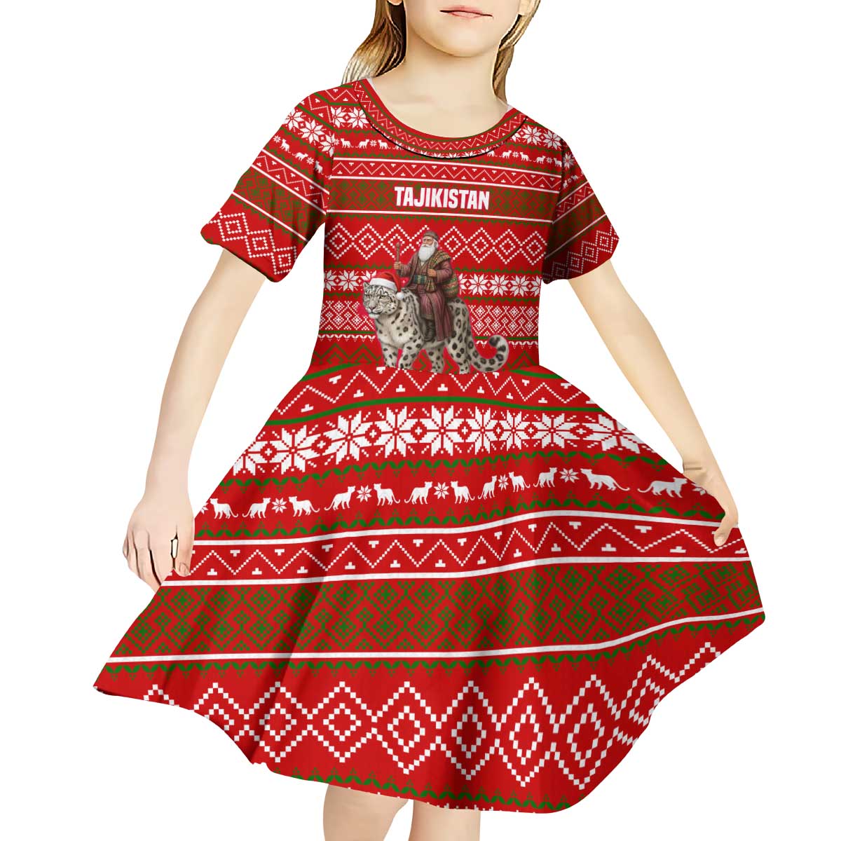 Tajikistan Christmas Kid Short Sleeve Dress with Santa Riding Snow Leopard National Emblem and Red Holiday Pattern - Wonder Print Shop