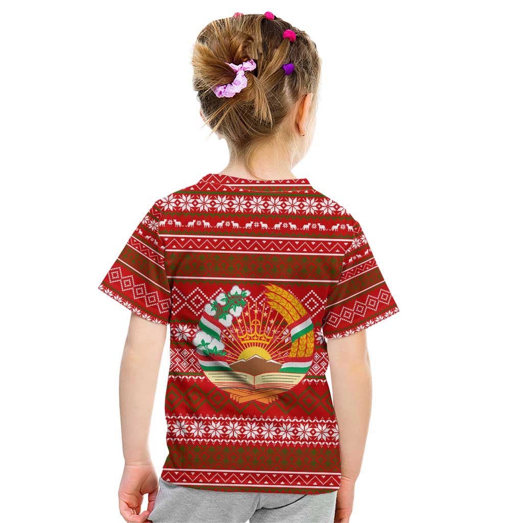 Tajikistan Christmas Kid T Shirt with Santa Riding Snow Leopard National Emblem and Red Holiday Pattern - Wonder Print Shop