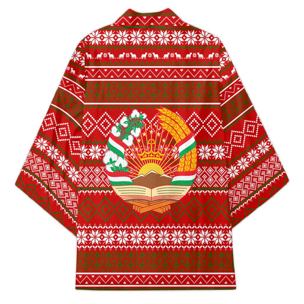 Tajikistan Christmas Kimono with Santa Riding Snow Leopard National Emblem and Red Holiday Pattern - Wonder Print Shop