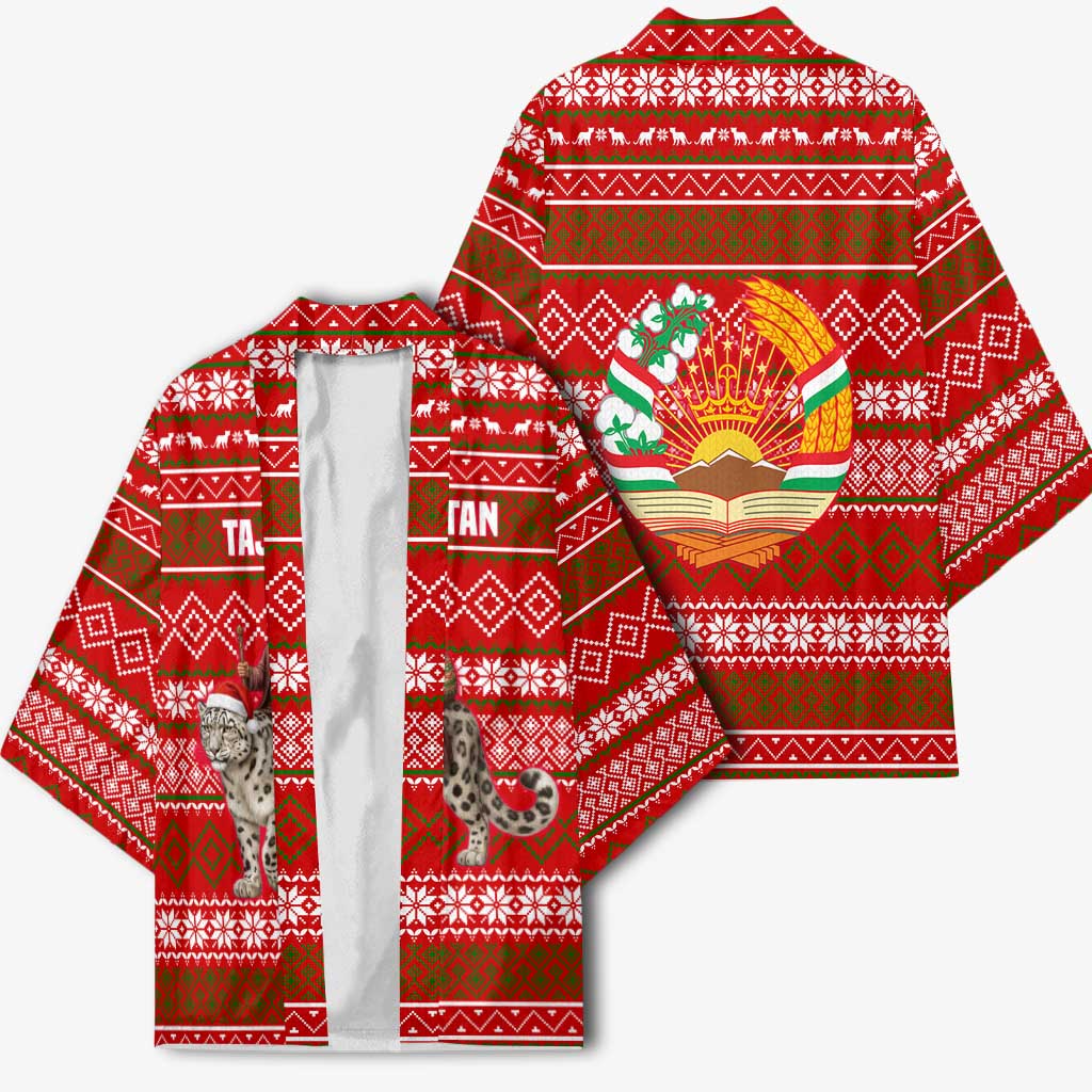 Tajikistan Christmas Kimono with Santa Riding Snow Leopard National Emblem and Red Holiday Pattern - Wonder Print Shop