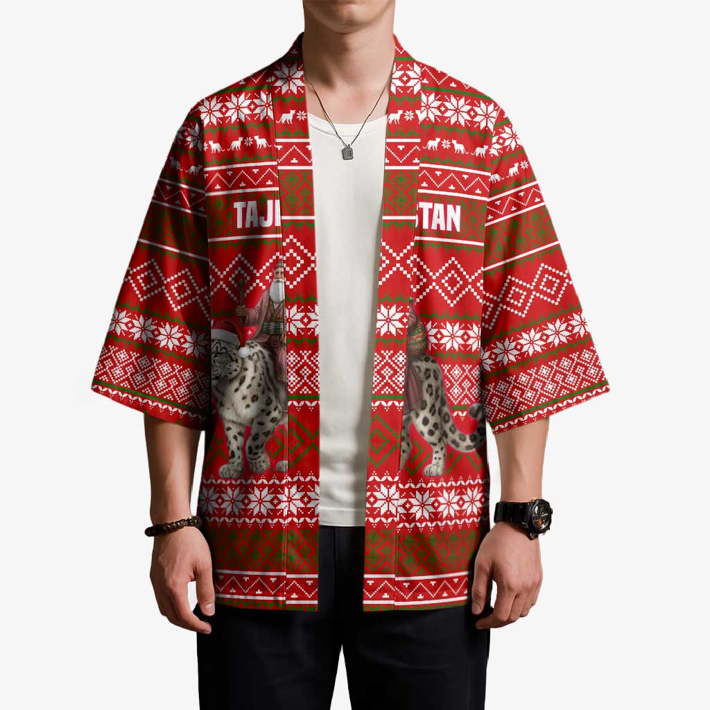 Tajikistan Christmas Kimono with Santa Riding Snow Leopard National Emblem and Red Holiday Pattern - Wonder Print Shop