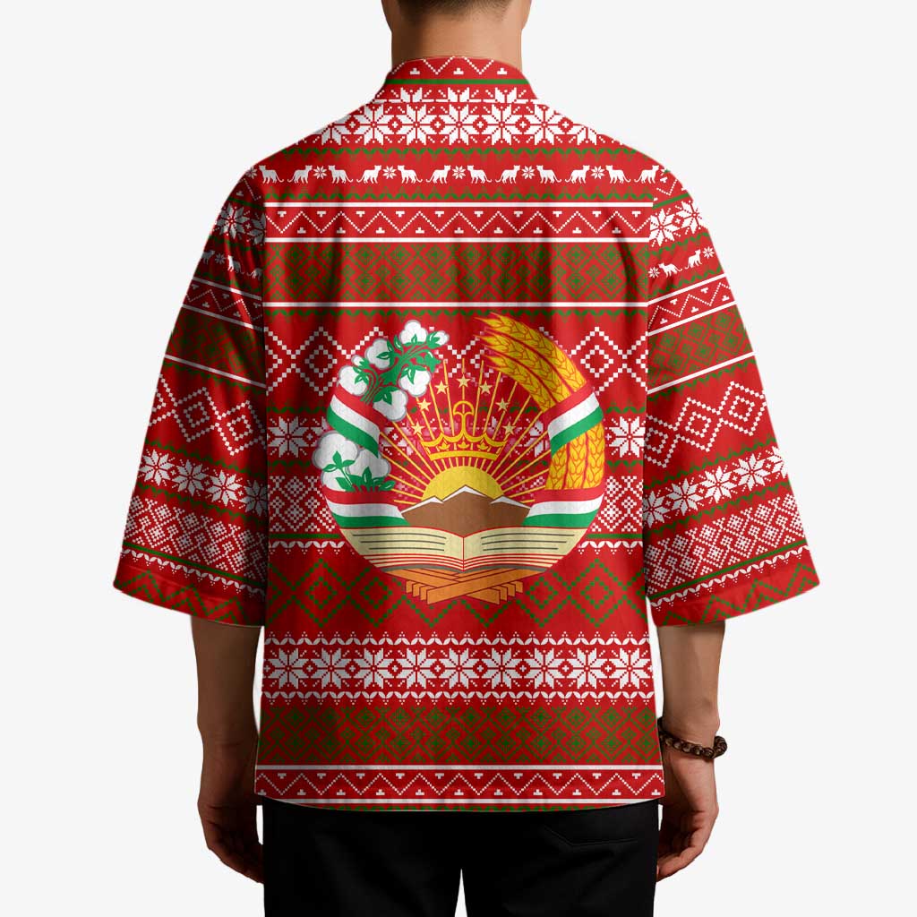Tajikistan Christmas Kimono with Santa Riding Snow Leopard National Emblem and Red Holiday Pattern - Wonder Print Shop