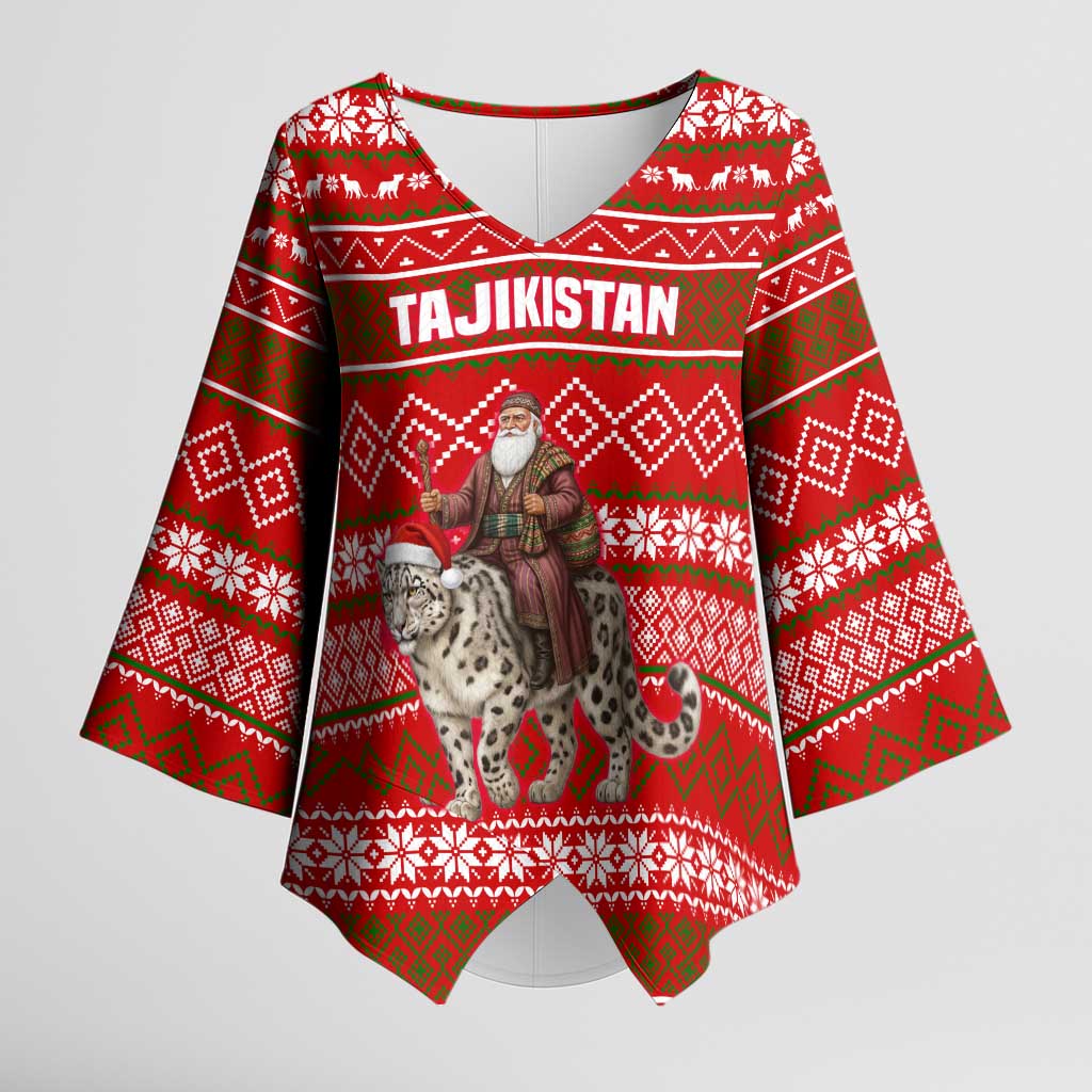 Tajikistan Christmas Kimono Sleeve Blouse with Santa Riding Snow Leopard National Emblem and Red Holiday Pattern - Wonder Print Shop