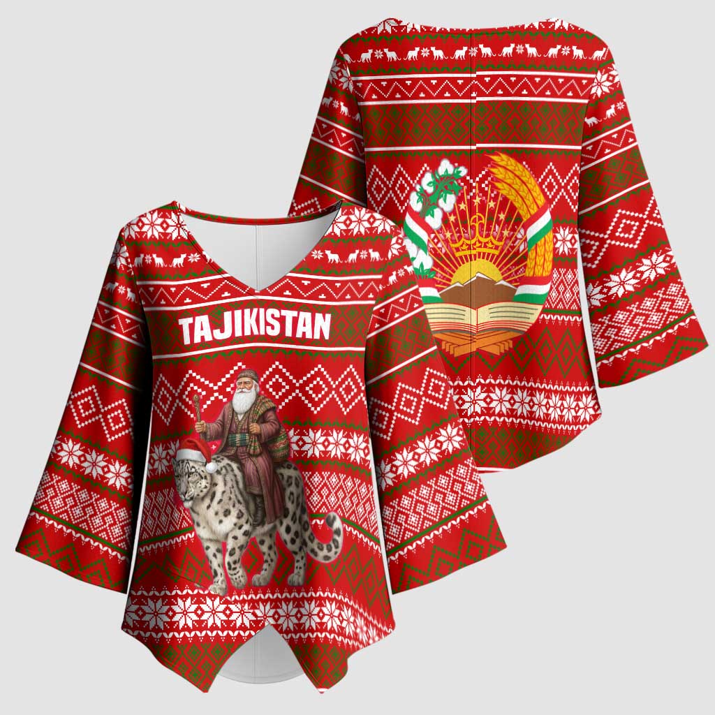 Tajikistan Christmas Kimono Sleeve Blouse with Santa Riding Snow Leopard National Emblem and Red Holiday Pattern - Wonder Print Shop
