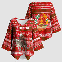 Tajikistan Christmas Kimono Sleeve Blouse with Santa Riding Snow Leopard National Emblem and Red Holiday Pattern - Wonder Print Shop