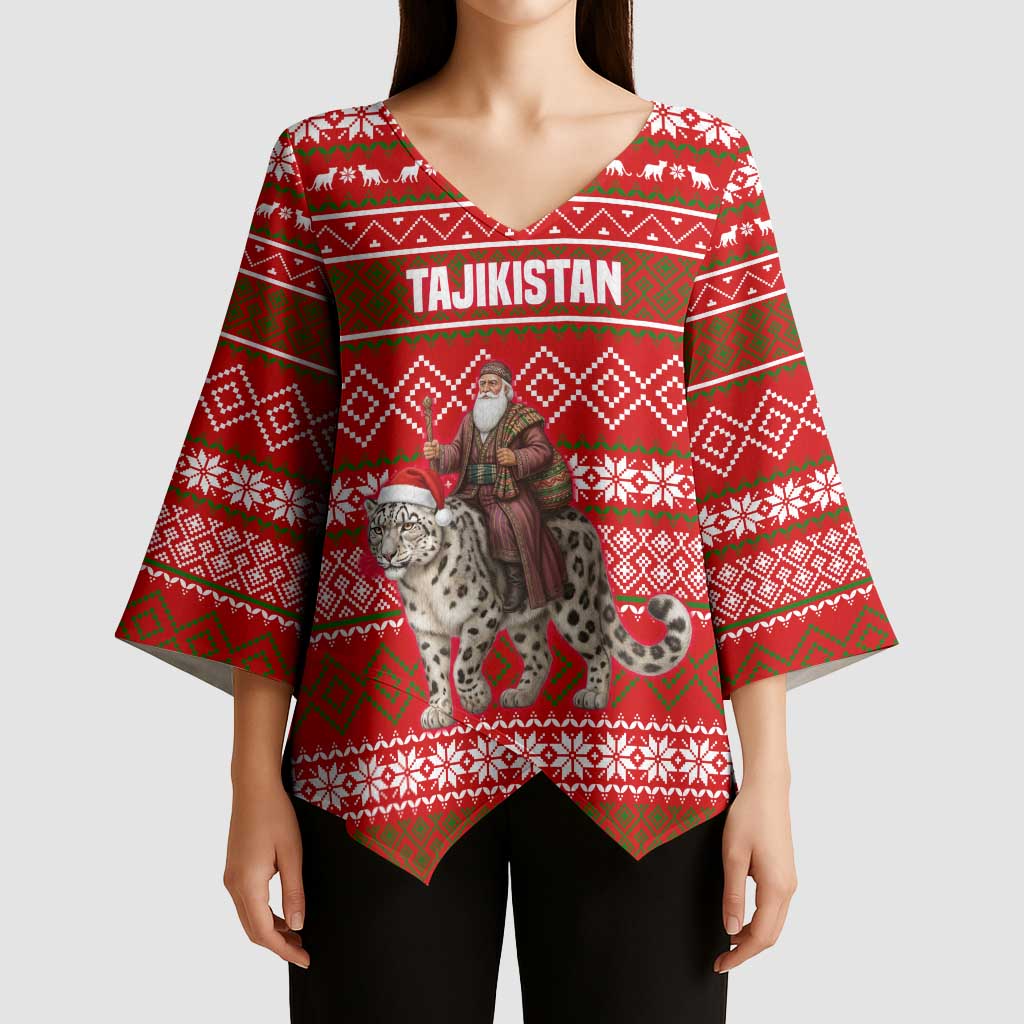 Tajikistan Christmas Kimono Sleeve Blouse with Santa Riding Snow Leopard National Emblem and Red Holiday Pattern - Wonder Print Shop