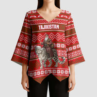 Tajikistan Christmas Kimono Sleeve Blouse with Santa Riding Snow Leopard National Emblem and Red Holiday Pattern - Wonder Print Shop