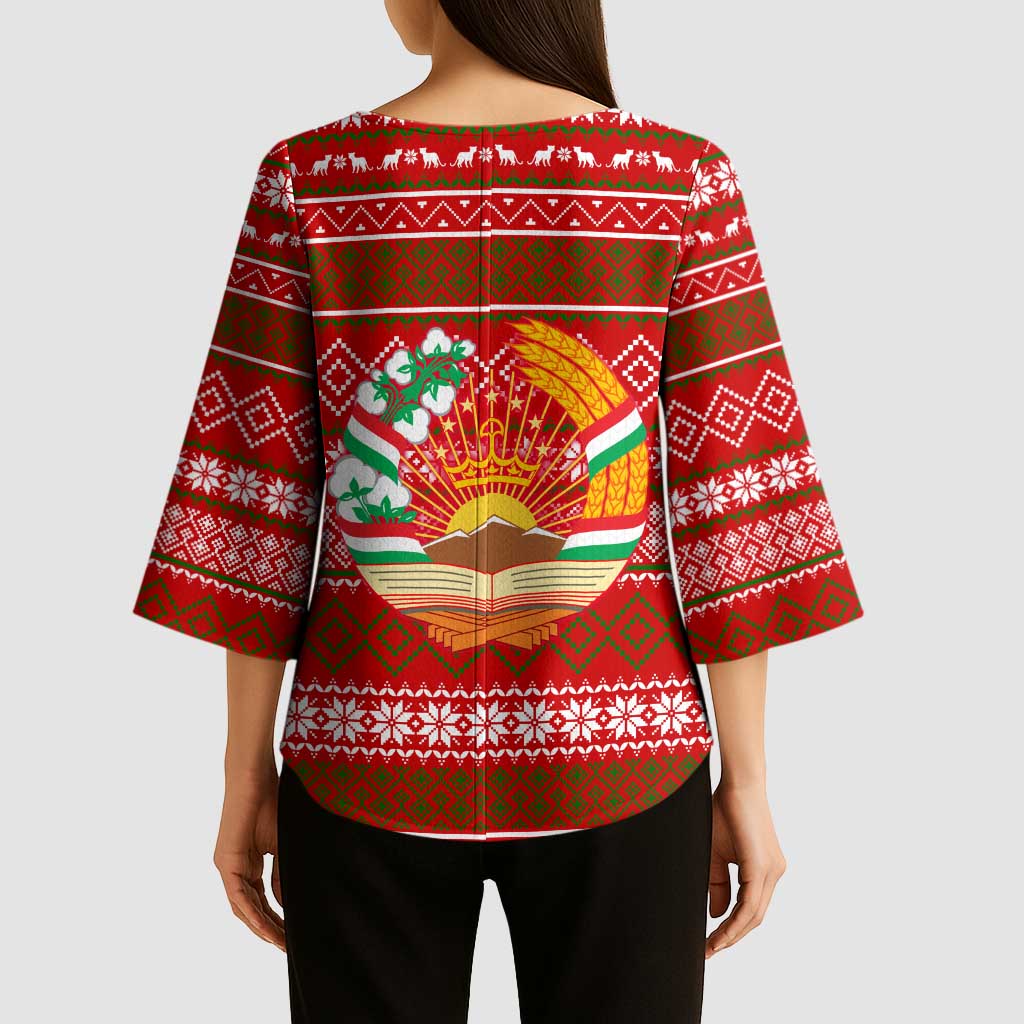 Tajikistan Christmas Kimono Sleeve Blouse with Santa Riding Snow Leopard National Emblem and Red Holiday Pattern - Wonder Print Shop