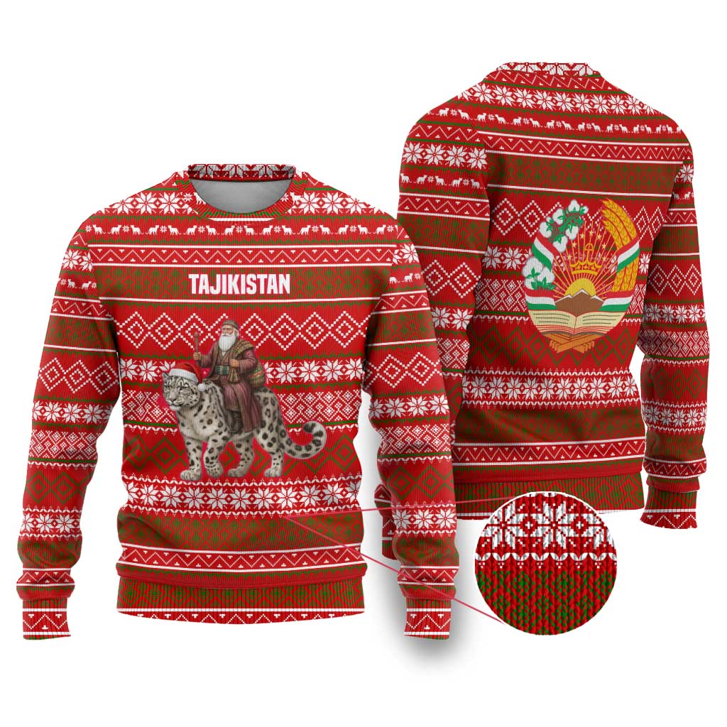 Tajikistan Christmas Ugly Christmas Sweater with Santa Riding Snow Leopard National Emblem and Red Holiday Pattern - Wonder Print Shop