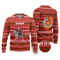 Tajikistan Christmas Ugly Christmas Sweater with Santa Riding Snow Leopard National Emblem and Red Holiday Pattern - Wonder Print Shop