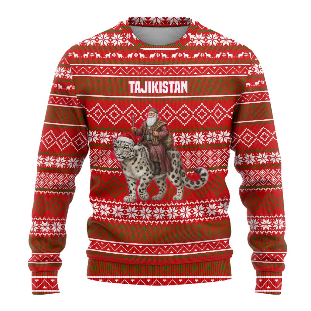 Tajikistan Christmas Ugly Christmas Sweater with Santa Riding Snow Leopard National Emblem and Red Holiday Pattern - Wonder Print Shop