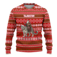 Tajikistan Christmas Ugly Christmas Sweater with Santa Riding Snow Leopard National Emblem and Red Holiday Pattern - Wonder Print Shop
